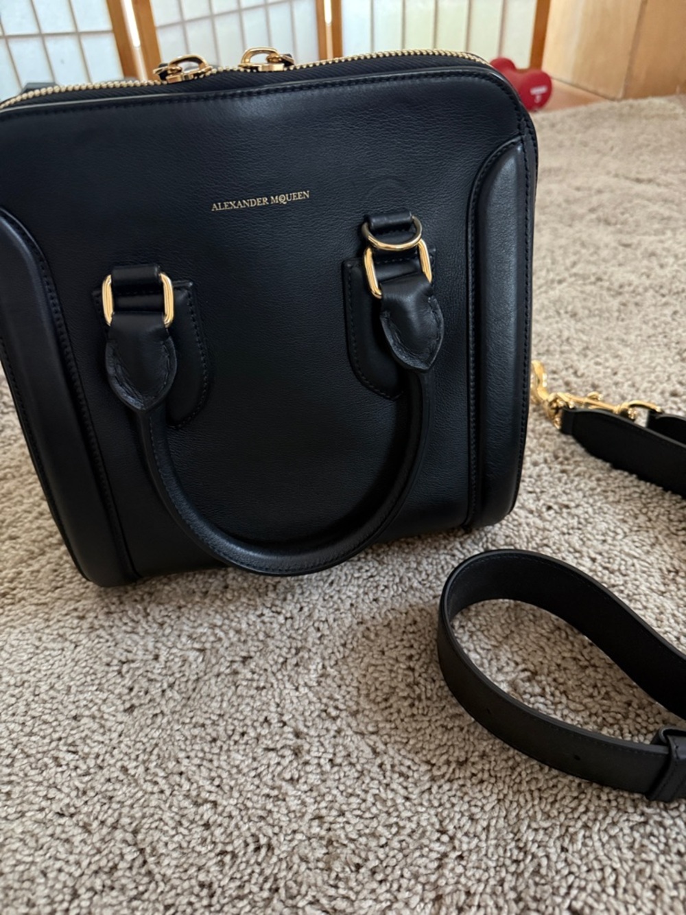 Alexander McQueen Black Leather Structured Satchel with Gold Hardware